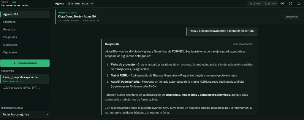 Agente HyS con respuesta citada en el workspace